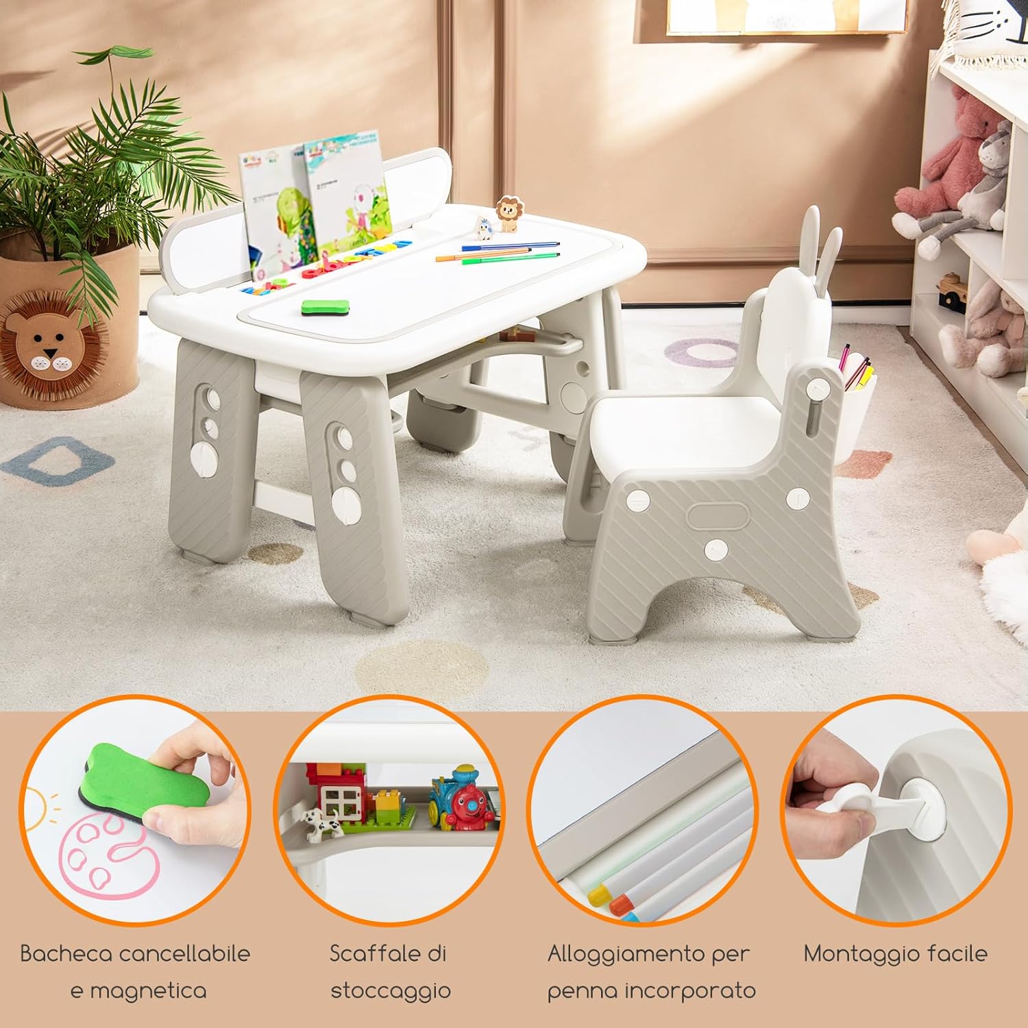 Set Tavolo e Sedia per Bambini, Tavolo e Sedia per Bambini con Mensola Ribaltabile, Lavagna Magnetica Cancellabile, Altezza Regolabile, per Camera da Letto, Sala, Giochi per Bambini