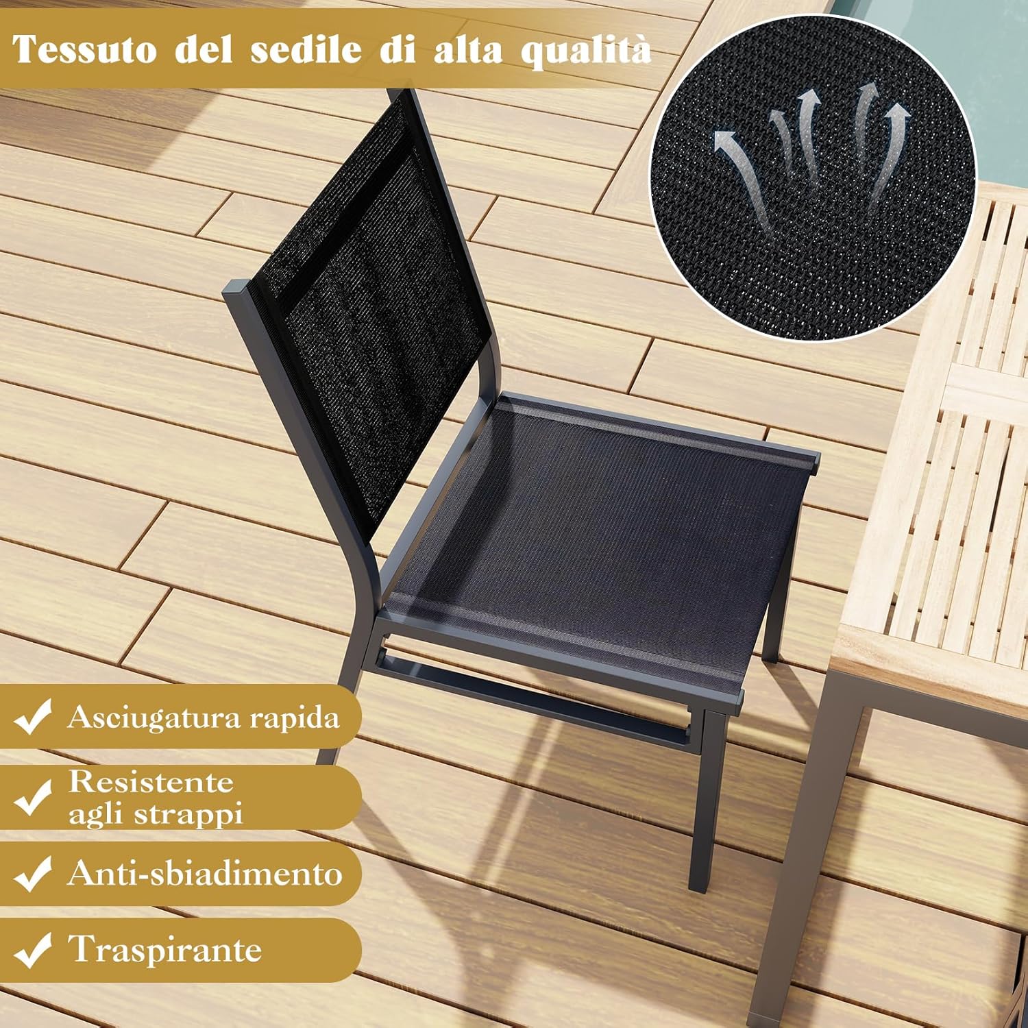 Sedia da Pranzo per Giardino, Sedia Pranzo in Tessuto Textilene, Sedia da Patio senza Braccioli con Schienale, Telaio in Alluminio Resistente, Portata 150 kg (1)