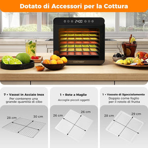 600W Essiccatore Alimentare, Disidratatore per Cibo in Acciaio Inox con 7 Vassoi Timer 24 Ore e Temperatura da 30-75℃, Accessori Inclusi, Disidratare per Carne Frutta Verdure