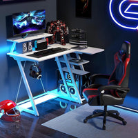 Scrivania Angolare Salvaspazio, Scrivania da Gaming con Prese, Porte USB, Ripiano per Monitor, Gancio per Cuffie, Ripiano e Supporto per CPU, Scrivania ad Angolo per Casa e Ufficio (Bianco)