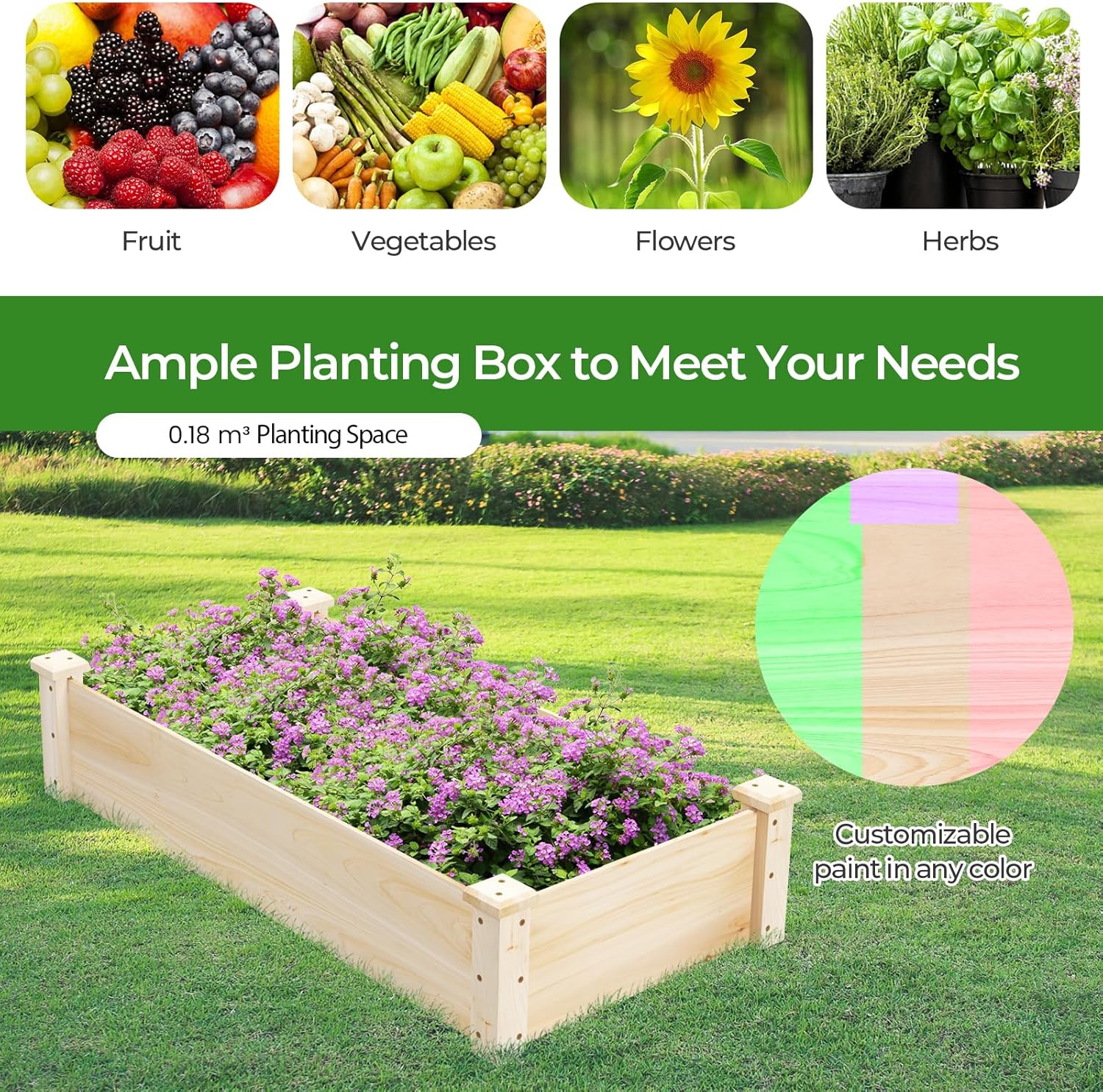 Orto Rialzato da Esterno in Legno di Pino, Vaso per Piante con Fondo Aperto, Fioriera da Giardino per Fiori, Verdure e Erbe da Balcone o Terrazza, Naturale (120 x 61 x 25,5 cm)