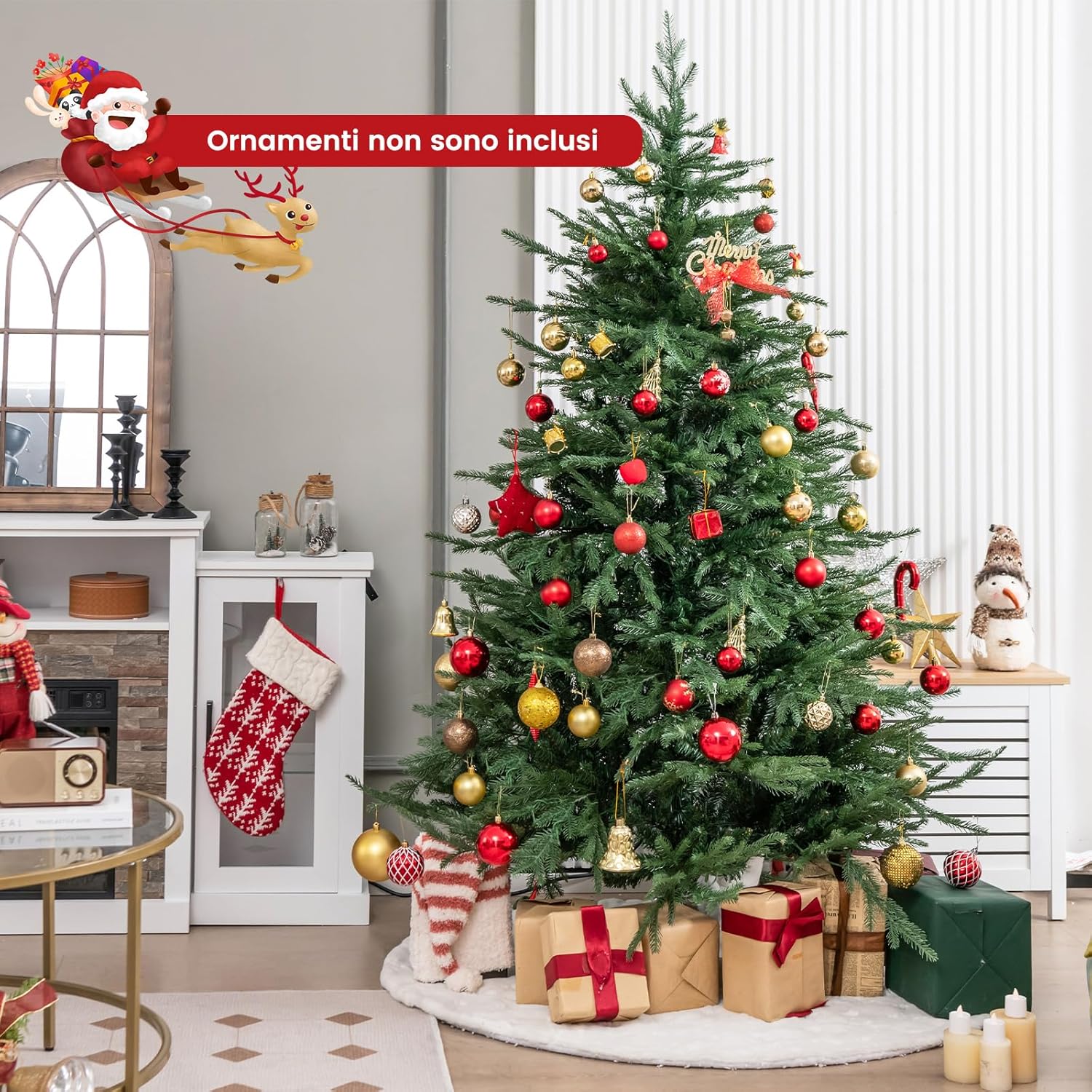 Albero di Natale 136/183/213 cm, Albero di Natale Artificiale Pre-Illuminato con 386/788/1130 Rami in PE e PVC, 180/280/380 Luci a LED Bianco Caldo e 8 Modalità di Illuminazione (183 cm)