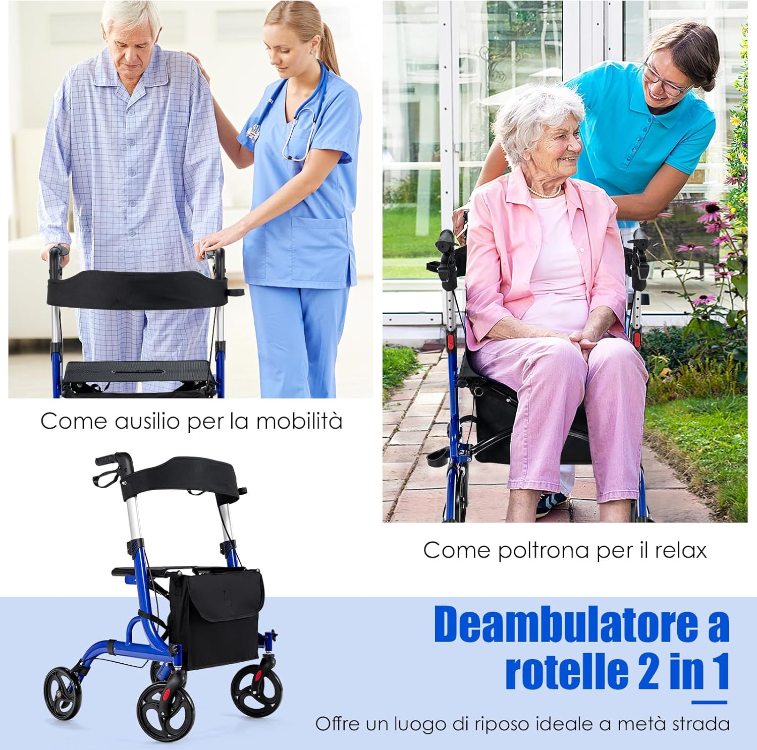 Deambulatore con Seduta 2 in 1, Rollator Pieghevole, Deambulatore per Anziani con 4 Ruote, Maniglie Regolabili Freni, con Doppia Funzione Schienale Reversibile e Borsa Portaoggetti (Blu)