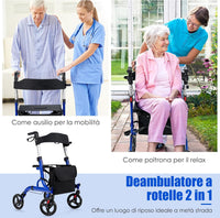 Deambulatore con Seduta 2 in 1, Rollator Pieghevole, Deambulatore per Anziani con 4 Ruote, Maniglie Regolabili Freni, con Doppia Funzione Schienale Reversibile e Borsa Portaoggetti (Blu)