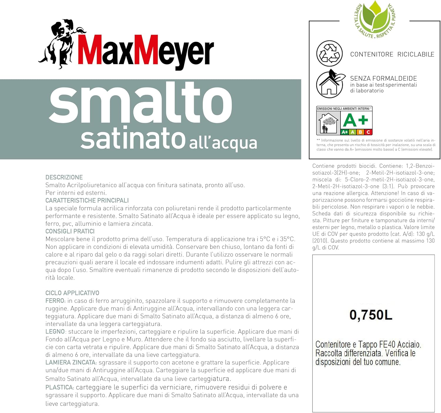 Smalto Satinato All'Acqua Poliuretanico, Colore Grigio Pietra, 0.75L