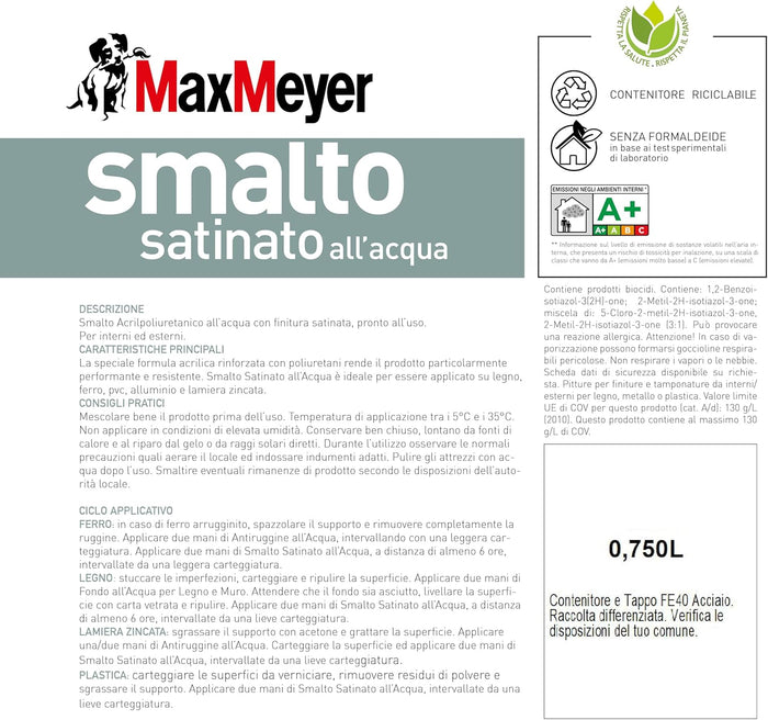 Smalto Satinato All'Acqua Poliuretanico, Colore Nero, 0.75L