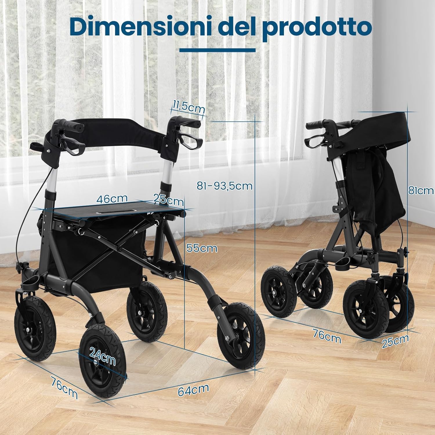 Deambulatore con Seduta 2 in 1, Rollator Pieghevole per Anziani con 4 Ruote, Maniglie Regolabili in Altezza 81-94cm, Portaombrelloni e Borsa Portaoggetti, Carico Massimo 160 kg (Nero)