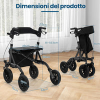 Deambulatore con Seduta 2 in 1, Rollator Pieghevole per Anziani con 4 Ruote, Maniglie Regolabili in Altezza 81-94cm, Portaombrelloni e Borsa Portaoggetti, Carico Massimo 160 kg (Nero)