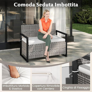 Panchina da Esterno in Rattan PE 117 x 62 x 85 cm, Cassapanca Contenitore da Esterno con Cuscino, Telaio in Metallo, Spazio di Stoccaggio e Fodera Protettiva per Patio, Bordo Piscina e Balcone