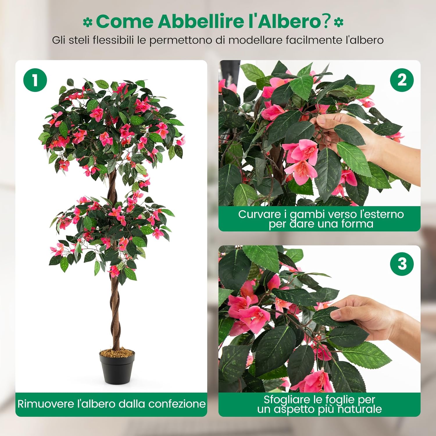 Albero di Buganvillea Artificiale 140 CM, Pianta Finta con 252 Fiori, 630 Foglie e Tronco in Legno Reale, Piante Artificiali in Vaso per Decorazione di Casa e Ufficio