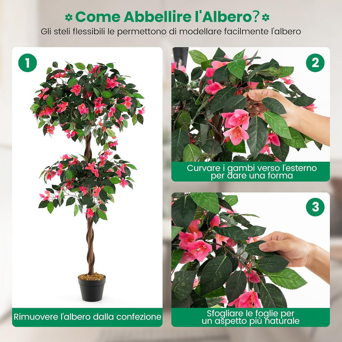 Albero di Buganvillea Artificiale 140 CM, Pianta Finta con 252 Fiori, 630 Foglie e Tronco in Legno Reale, Piante Artificiali in Vaso per Decorazione di Casa e Ufficio