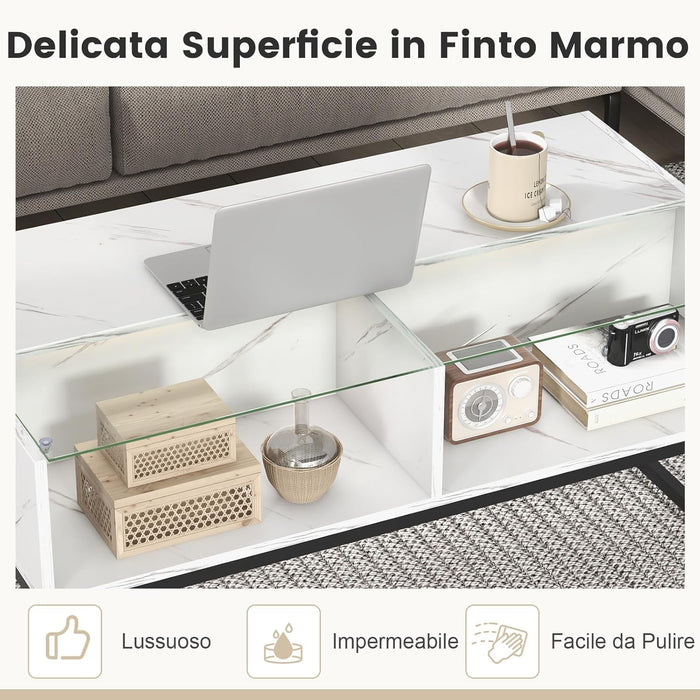 COSTWAY Tavolino da Salotto, Tavolino da Caffè da in Vetro e Legno con Luce LED Multicolore Regolabile a Telecomando e Ripiani, Tavolino per Soggiorno e Ufficio, 105 x 55 x 50 cm (Bianco)