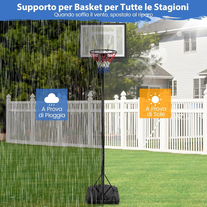 Canestro da Basket Portatile, Supporto Regolabile in Altezza a 8 Posizioni con Tubo Centrale Rimovibile, Base Ampia, Canestro da Basket da Interno e da Esterno
