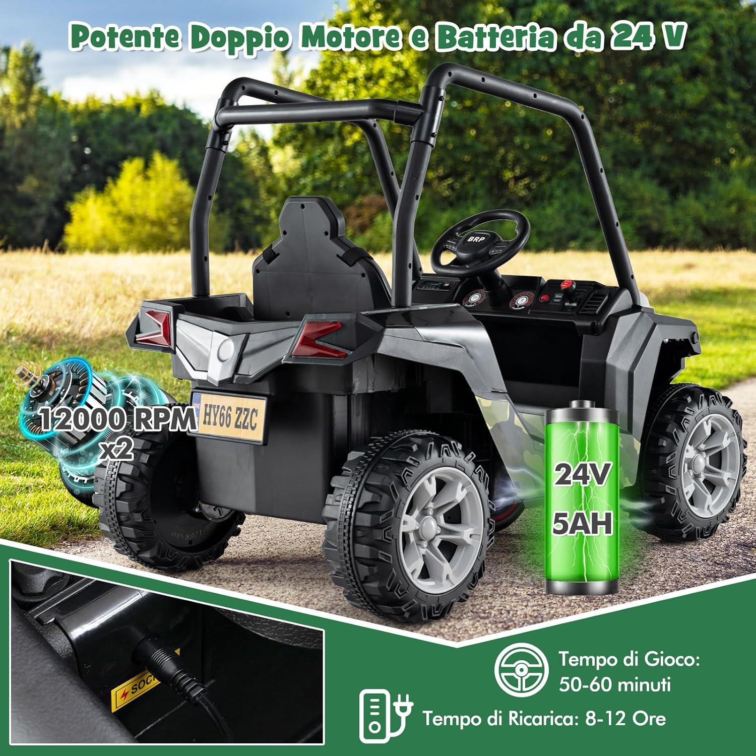 24V Macchina Elettrica per Bambini, UTV Elettrico con Telecomando Cintura di Sicurezza a 3 Punti, 3 Velocità 2,5-4,5 km/h, Partenza Lenta, Veicolo per Bambini di 3-8 Anni (Nero+verde)