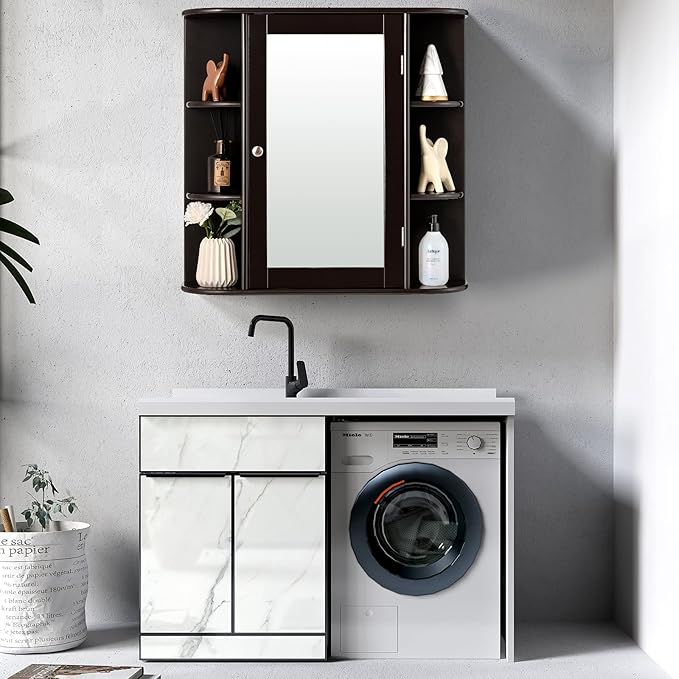 Armadietto del Bagno con Specchio, Armadietto di Legno Appeso con Mensole Regolabili, Armadietto dei Medicinali Multiuso per Bagno Salone Cucina (Marronre)