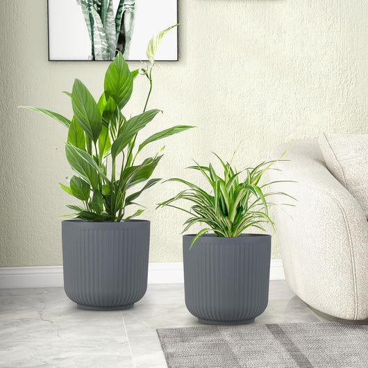 Set di Vasi Rotondi in Plastica, 2 Vasi per Fiori a Strisce con Sistema di Drenaggio Opzionale, Vasi Decorativi per Piante da Interni ed Esterni per Veranda, Giardino e Balcone