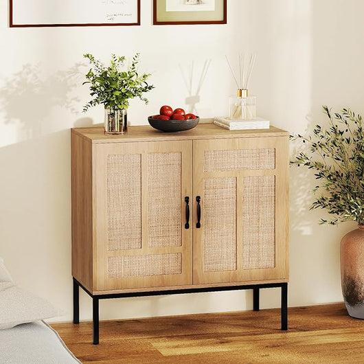 Credenza da Cucina, Armadio con 2 Ante Intrecciate in Rattan, Ripiano Regolabile a 3 Posizioni, Armadietto Boho per Cucina, Sala da Pranzo, Soggiorno e Corridoio, 80 x 38 x 81 cm (Naturale)
