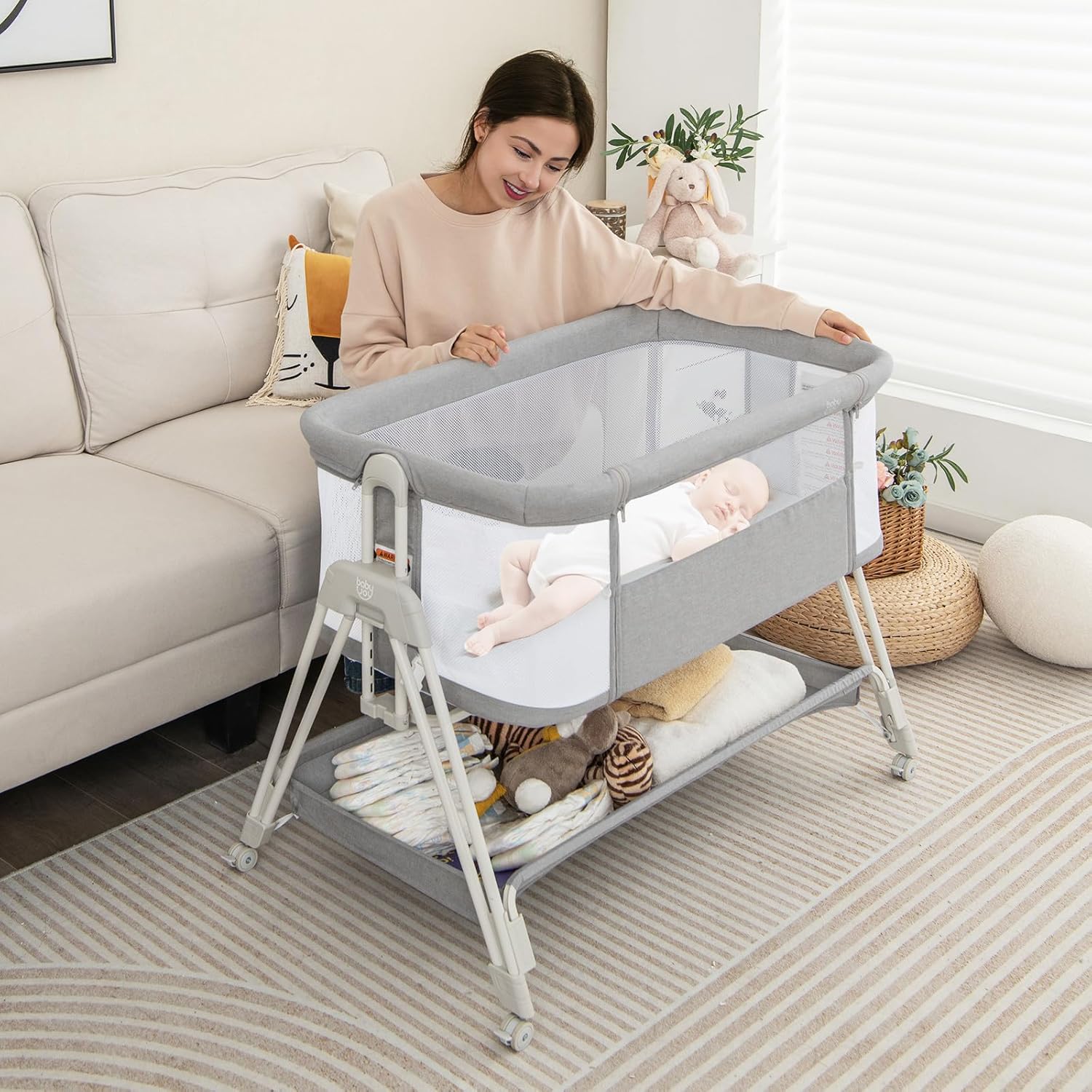 Lettino per Neonati, Culla Portatile Pieghevole con Ripiano Portaoggetti, 7 Altezze Regolabili, Materasso e Borsa per Trasporto (Grigio)