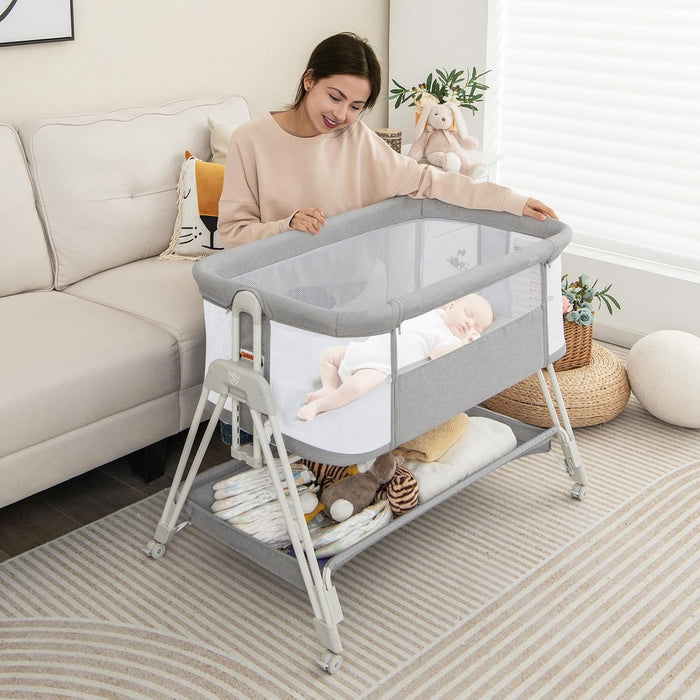 Lettino per Neonati, Culla Portatile Pieghevole con Ripiano Portaoggetti, 7 Altezze Regolabili, Materasso e Borsa per Trasporto (Grigio)