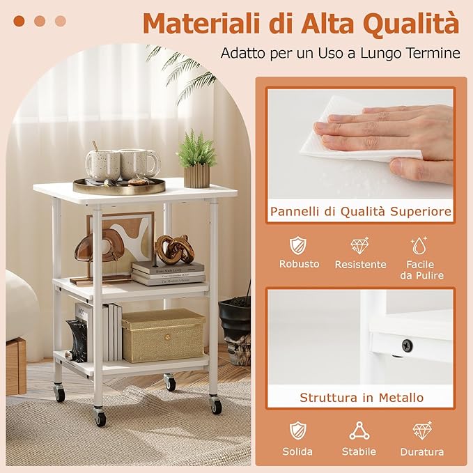 Supporto per Stampante, Carrello Stampante a 3 Livelli con Ripiani di Stoccaggio e Ruote con Blocco, Altezza Regolabile, per Stampante 3D Scanner Fax, 49 x 40 x 65/77 cm (Bianco)