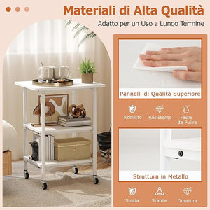 Supporto per Stampante, Carrello Stampante a 3 Livelli con Ripiani di Stoccaggio e Ruote con Blocco, Altezza Regolabile, per Stampante 3D Scanner Fax, 49 x 40 x 65/77 cm (Bianco)