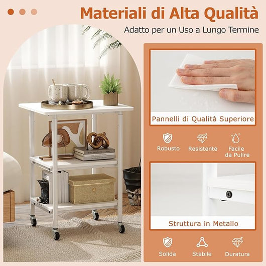 Supporto per Stampante, Carrello Stampante a 3 Livelli con Ripiani di Stoccaggio e Ruote con Blocco, Altezza Regolabile, per Stampante 3D Scanner Fax, 49 x 40 x 65/77 cm (Bianco)