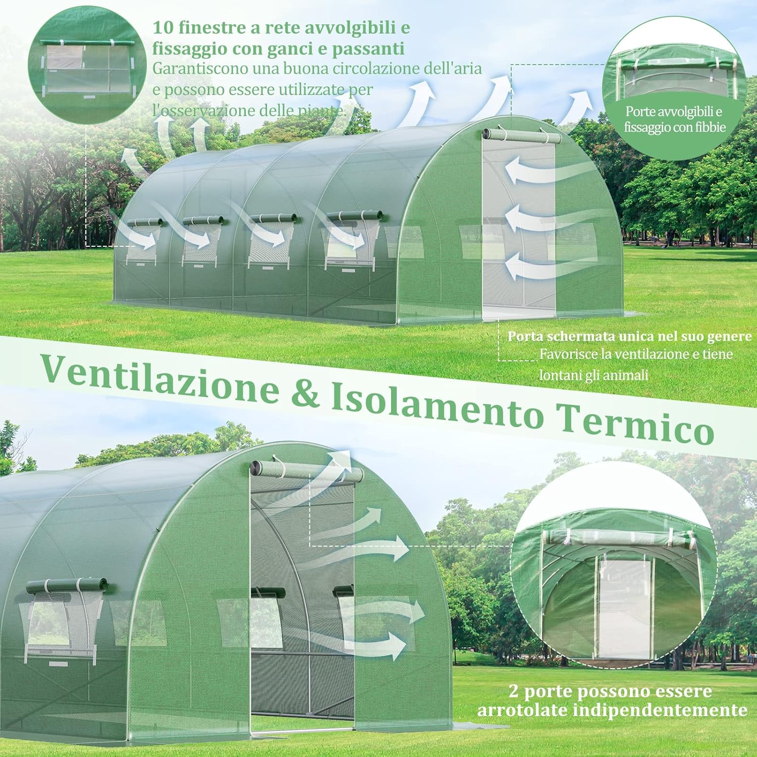 Serra da Giardino 600 x 300 x 200 cm, Serra Tunnel per Orto e Piante con Copertura Resistente, Struttura Robusta in Acciaio Zincato, 10 Finestre Avvolgibili e 2 Porte con Cerniera