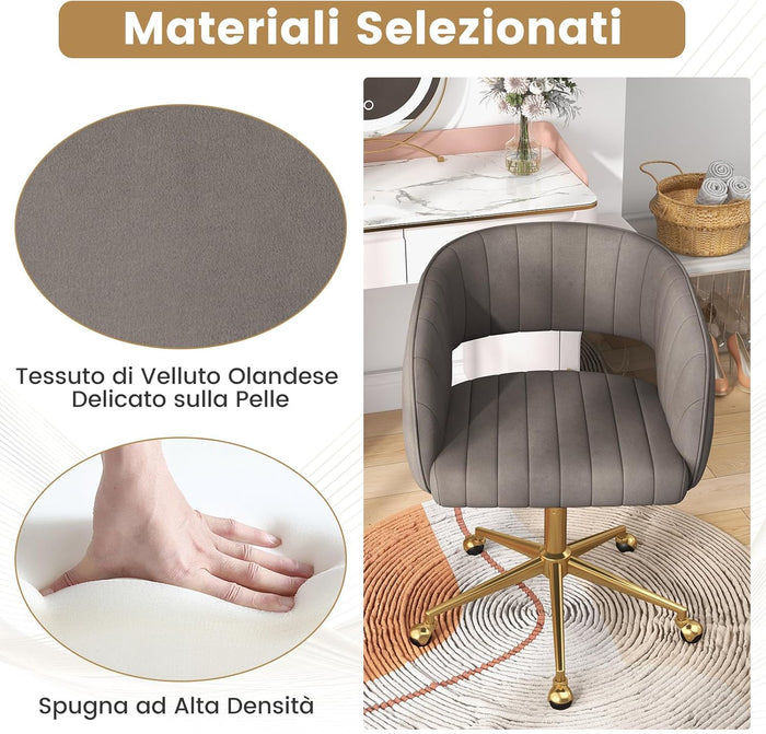 Sedia da Ufficio in Velluto, Poltrona Girevole con Ruote, Schienale e Seduta Imbottiti, Sedia Regolabile in Altezza con Funzione di Inclinazione per Soggiorno, Camera da Letto, Portata 150 kg