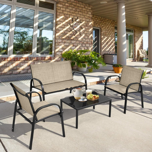 Set di 4 mobili da giardino con tavolino da salotto e panca da giardino e 2 sedie da pranzo, in textilene, set da 4 persone, mobili da giardino, KZ98171CVDE