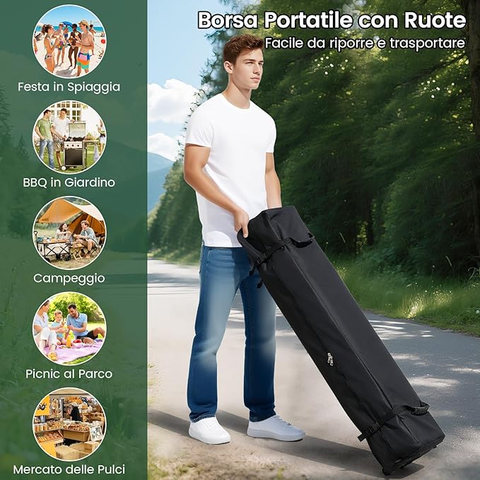 Gazebo Pop-up da Esterno 590 x 300 cm, Gazebo Regolabile in Altezza con Borsa con Ruote, Picchetti, Ancoraggi, Corde Antivento e Sacchi di Sabbia, Tenda Pieghevole per Campeggio (Bianco)