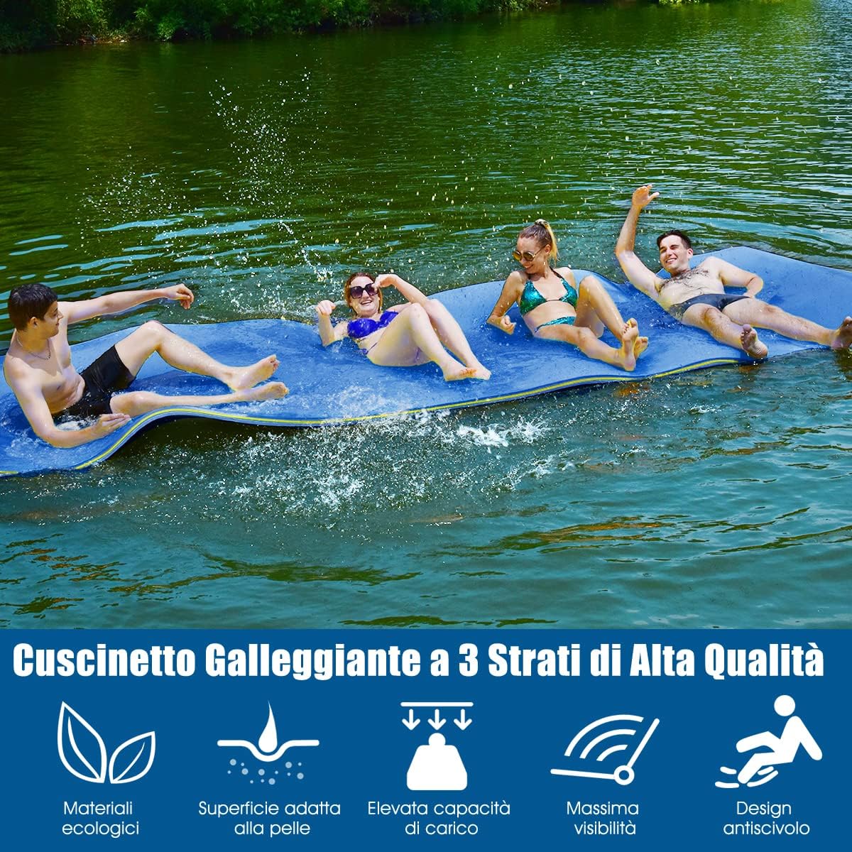 Tappetino Galleggiante Acquatico, 355X183cm, Materassino Galleggiante Resistente agli Strappi con Dispositivo di Ormeggio e Cinghie di Aggancio, per Mare Lago Piscina e Spiaggia, Blu