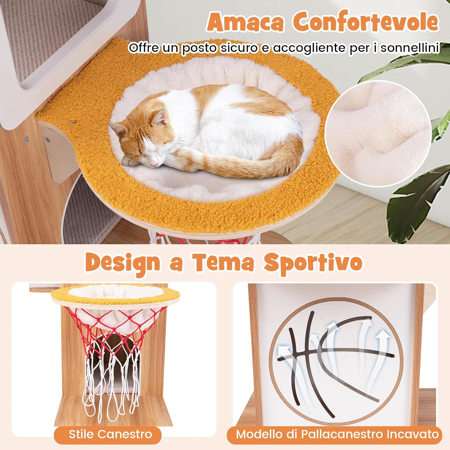 Tiragraffi in Legno 120cm, Torre con Graffiare in Sisal per Gatti a Tema Sportivo con 2 Piani, 2 Posatoi, Amaca e Cuscini Imbottiti, Mobile per Animali Domestici, Naturale