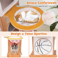 Tiragraffi in Legno 120cm, Torre con Graffiare in Sisal per Gatti a Tema Sportivo con 2 Piani, 2 Posatoi, Amaca e Cuscini Imbottiti, Mobile per Animali Domestici, Naturale