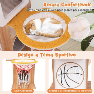 Tiragraffi in Legno 120cm, Torre con Graffiare in Sisal per Gatti a Tema Sportivo con 2 Piani, 2 Posatoi, Amaca e Cuscini Imbottiti, Mobile per Animali Domestici, Naturale