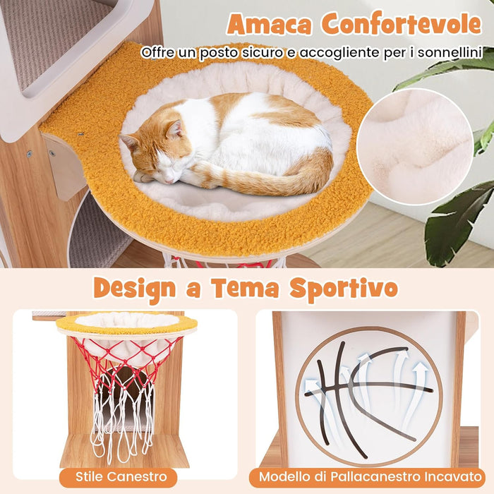 Tiragraffi in Legno 120cm, Torre con Graffiare in Sisal per Gatti a Tema Sportivo con 2 Piani, 2 Posatoi, Amaca e Cuscini Imbottiti, Mobile per Animali Domestici, Naturale