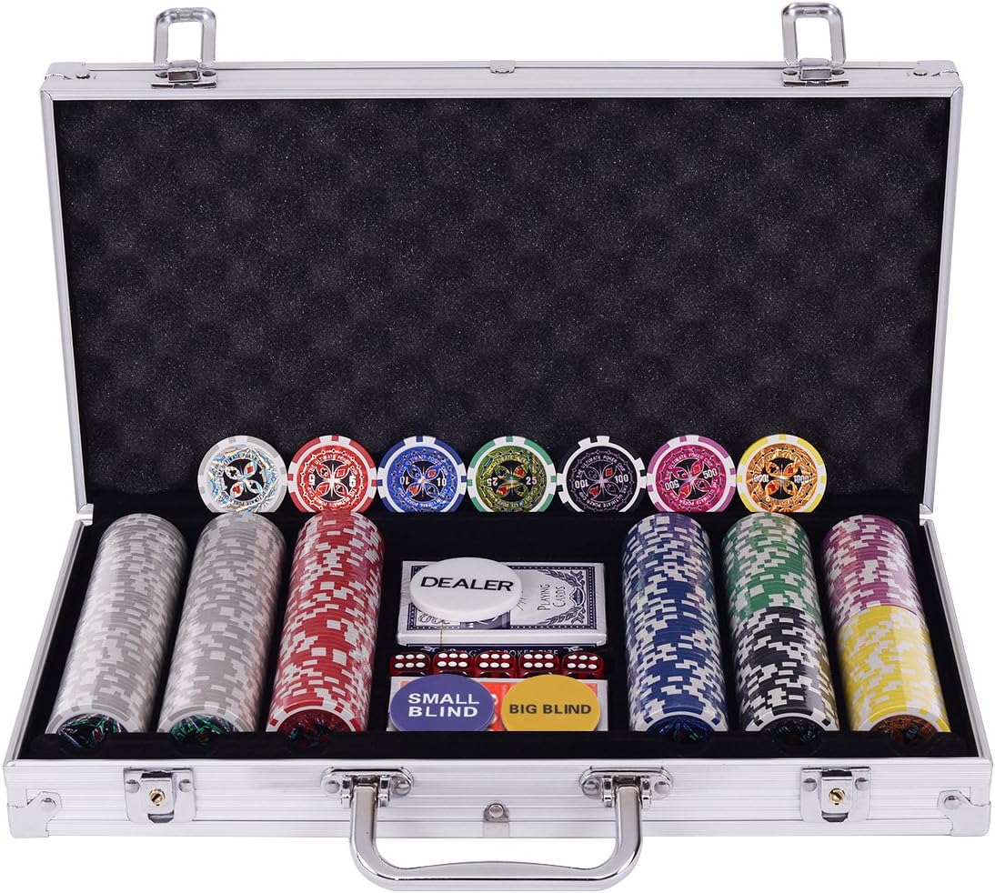 Poker Chips, Set da Poker con 300 Chips, Incluse 2 Carte da Poker 5 Dadi 1 Pulsante, Valigetta in Alluminio, Due Colori Disponibili (argento)