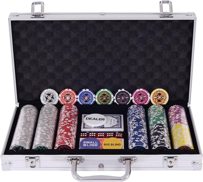 Poker Chips, Set da Poker con 300 Chips, Incluse 2 Carte da Poker 5 Dadi 1 Pulsante, Valigetta in Alluminio, Due Colori Disponibili (argento)