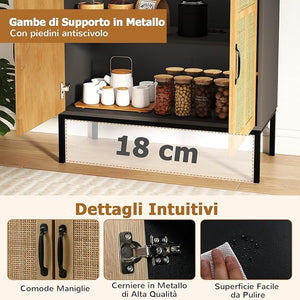 Credenza da Cucina, Armadio con 2 Ante Intrecciate in Rattan, Ripiano Regolabile a 3 Posizioni, Armadietto Boho per Cucina, Sala da Pranzo, Soggiorno e Corridoio, 80 x 38 x 81 cm (Nero)