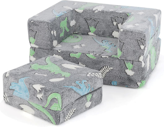 Divano Pieghevole per Bambini 5 in 1 Brilla al Buio, Poltrona Modulare con Cuscino, Fodera Lavabile in Lavatrice e Riempimento in Schiuma (Dinosauro Grigio)