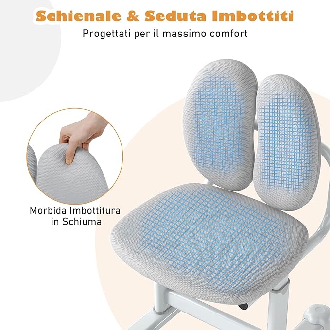 Sedia da Scrivania per Bambini 3+ Anni, Sedia Imbottita per Studiare con Doppio Supporto Lombare e Altezza Regolabile, Chair da Compiti per Casa e Scuola, Portata 100 kg (Grigio)