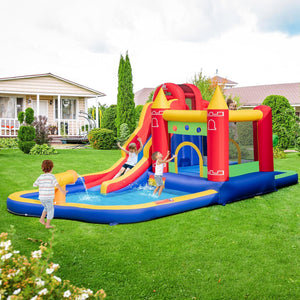 Castello Gonfiabile, Casa Gonfiabile con Scivolo, Piscina, Parete da Arrampicata, Trampolino e Cannone d'Acqua, con ventilatore, per Bambini di 3-10 Anni, 624 x 270 x 235 cm