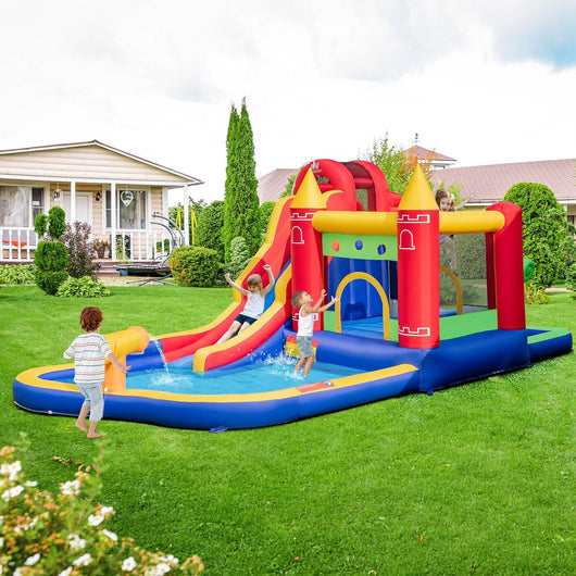 Castello Gonfiabile, Casa Gonfiabile con Scivolo, Piscina, Parete da Arrampicata, Trampolino e Cannone d'Acqua, con ventilatore, per Bambini di 3-10 Anni, 624 x 270 x 235 cm