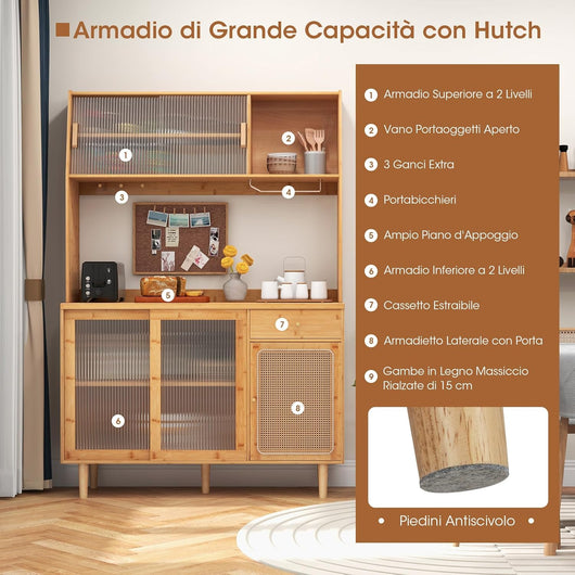 Credenza da Cucina, Mobiletto da Cucina con Anta in Vetro Temperato, Cassetto, Scaffali Aperti e Ganci, in Bambù, per Sala da Pranzo, Cucina, Salotto, 120 x 35 x 175 cm