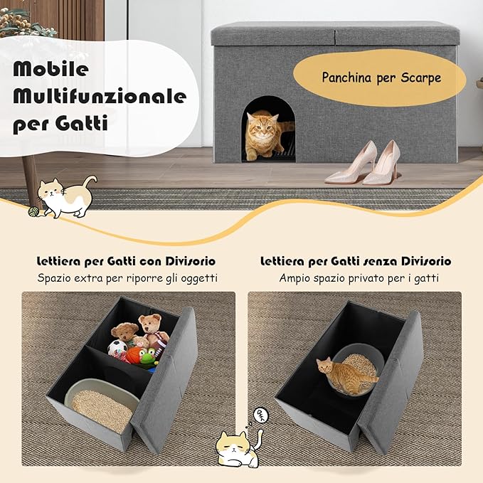 Mobile per Lettiera per Gatti, Panca Portaoggetti con Tappetino Impermeabile e Filtro al Carbone per il Controllo degli Odori e Coperchio Ribaltabile, 90 x 50 x 50 cm(Grigio)