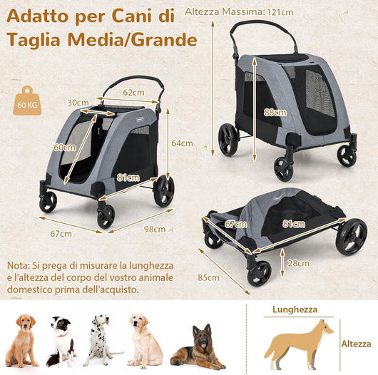 Passeggino per Cani di Taglia Media e Grande, Passeggino Pieghevole per Animali a 4 Ruote con Porta Anteriore, Lucernario, Maniglia Regolabile e Ruote Ammortizzate, Portata 60 kg