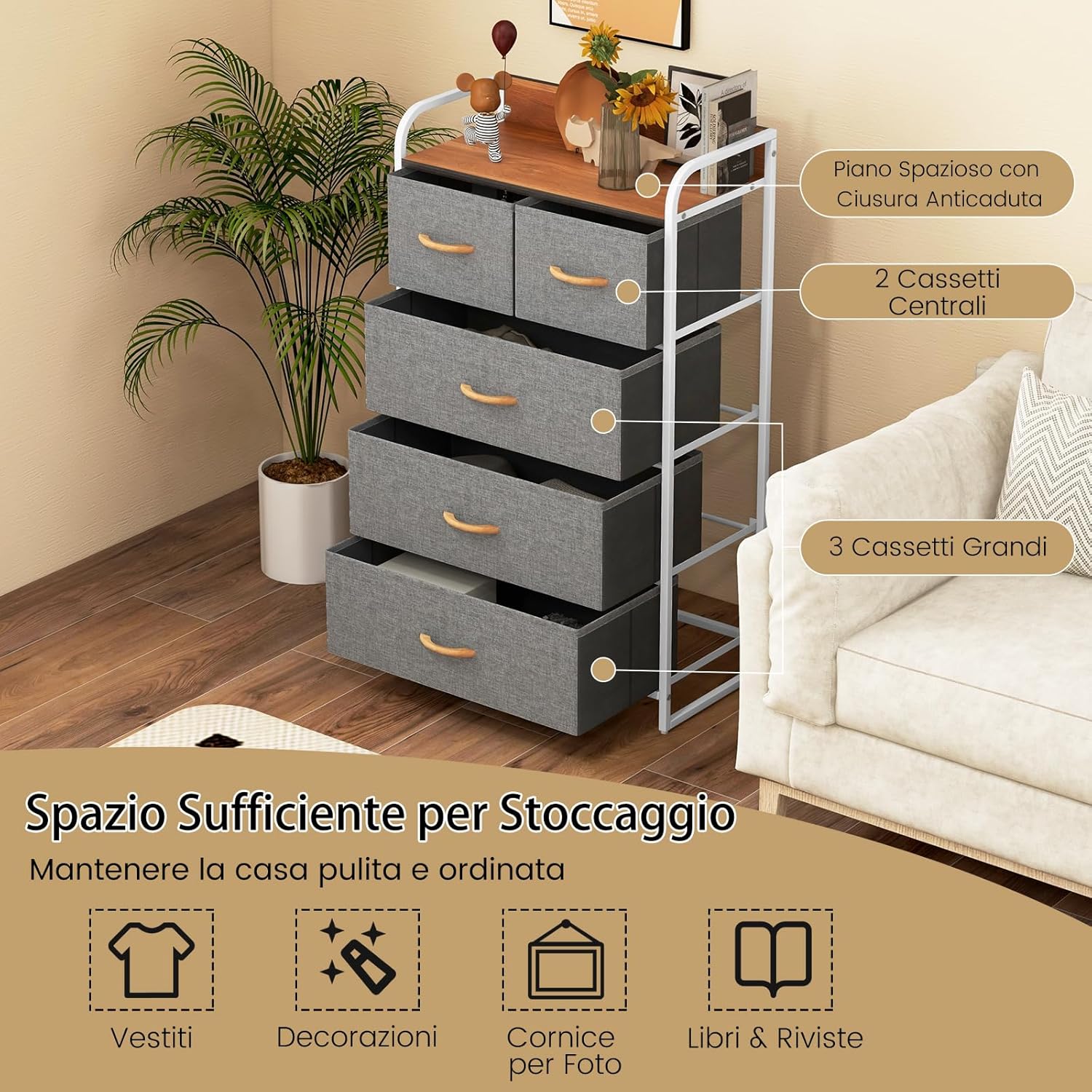 Cassettiera con 4/5 Cassetti, Organizer Verticale con Cassetti Pieghevoli in Tessuto, Cassettiera Armadietto, Comò con Struttura in Acciaio e Superficie in Legno (5 cassetti grigio)