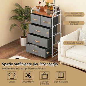 Cassettiera con 4/5 Cassetti, Organizer Verticale con Cassetti Pieghevoli in Tessuto, Cassettiera Armadietto, Comò con Struttura in Acciaio e Superficie in Legno (5 cassetti grigio)