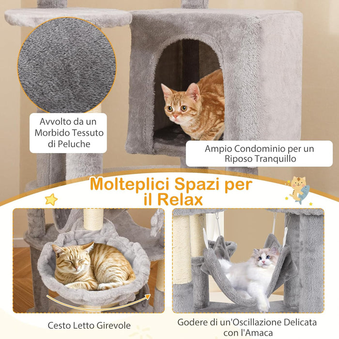 Tiragraffi 176cm, Albero per Gatti con Letto a Cesta, Amaca, Palline, Piattaforme di Salto, Giocattoli, Torre per Animali Domestici da Interno, Grigio