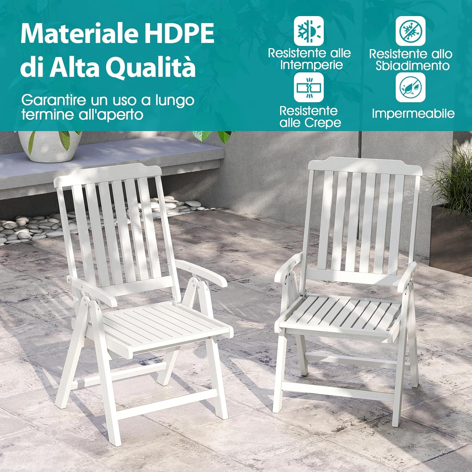 Sedia Esterno Pieghevole, Sedia Ergonomica in HDPE con Braccioli, Schienale Curvo e Seduta a Doghe, Poltrona Pranzo per Giardino Balcone Patio, Portata 150 kg (Bianco)