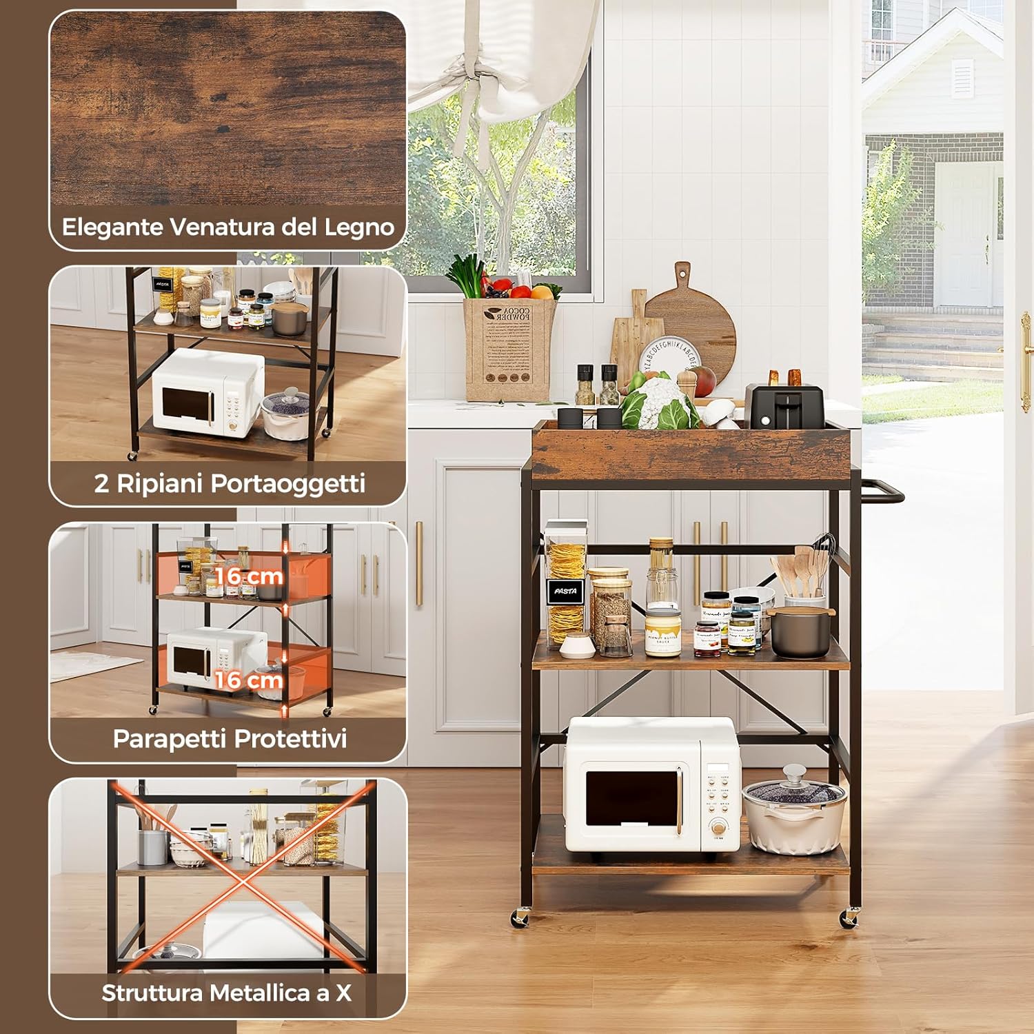 Carrello da Bar a 3 Ripiani, Carrello da Servizio Industriale con Vassoio Rimovibile, 4 Ruote Bloccabili e 1 Maniglia, Carrello da Cucina con Ruote, 73 x 40 x 94 cm